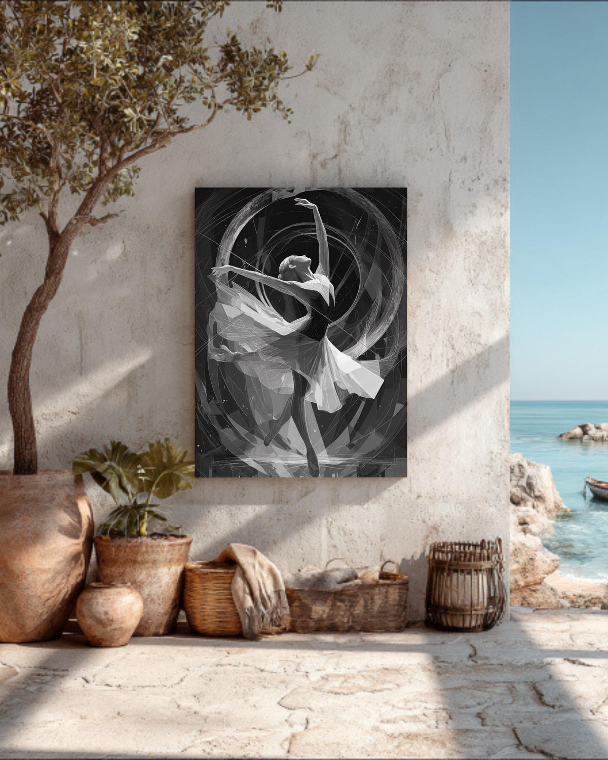Art Deco Dancer Wall Art, Elegant Geometric Illustration in Silver Metallic Lines, Dynamic Circular Frame Design