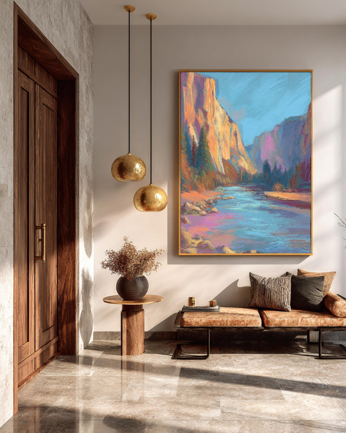 Yosemite National Park Watercolor Drawing, Pastel Landscape with River and Cliffs, Henri Matisse & James Jean Inspired