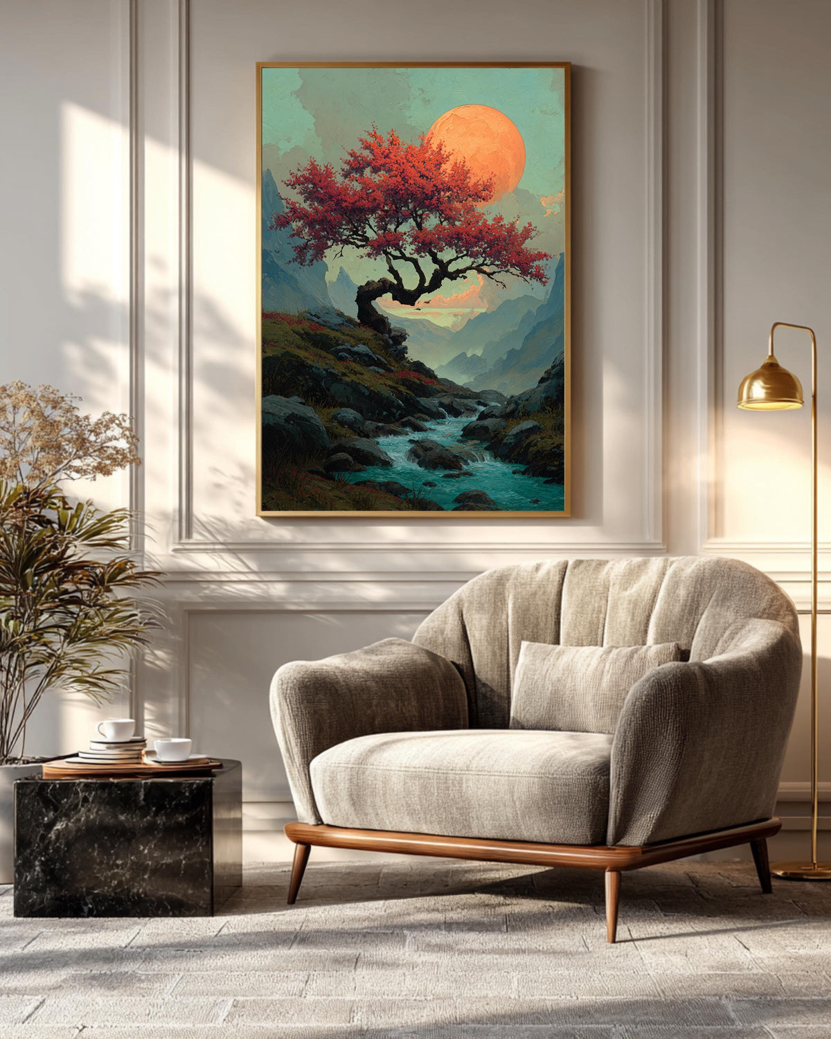 Fantasy Cherry Tree Mountain Painting, Water Flowing Beneath Large Tree with Orange Moon, David Uhl Inspired Artwork