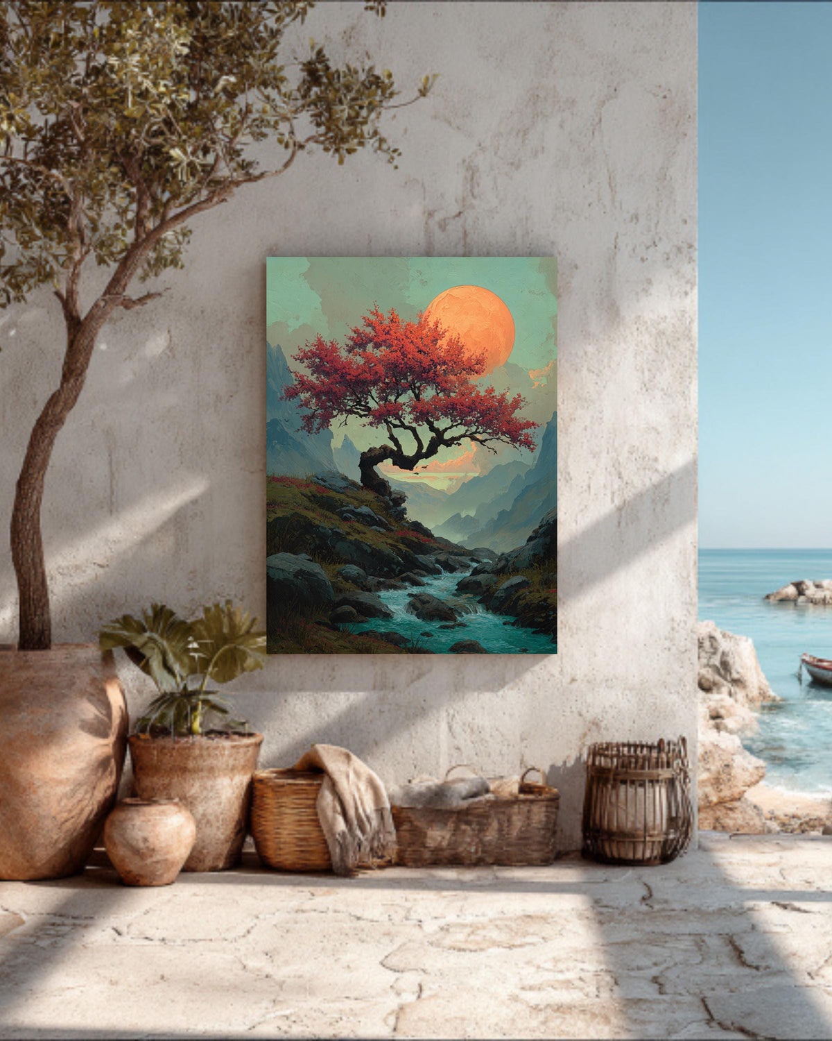 Fantasy Cherry Tree Mountain Painting, Water Flowing Beneath Large Tree with Orange Moon, David Uhl Inspired Artwork
