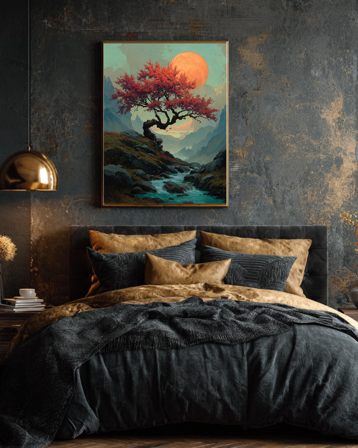 Fantasy Cherry Tree Mountain Painting, Water Flowing Beneath Large Tree with Orange Moon, David Uhl Inspired Artwork