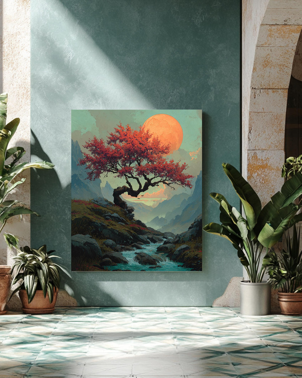Fantasy Cherry Tree Mountain Painting, Water Flowing Beneath Large Tree with Orange Moon, David Uhl Inspired Artwork