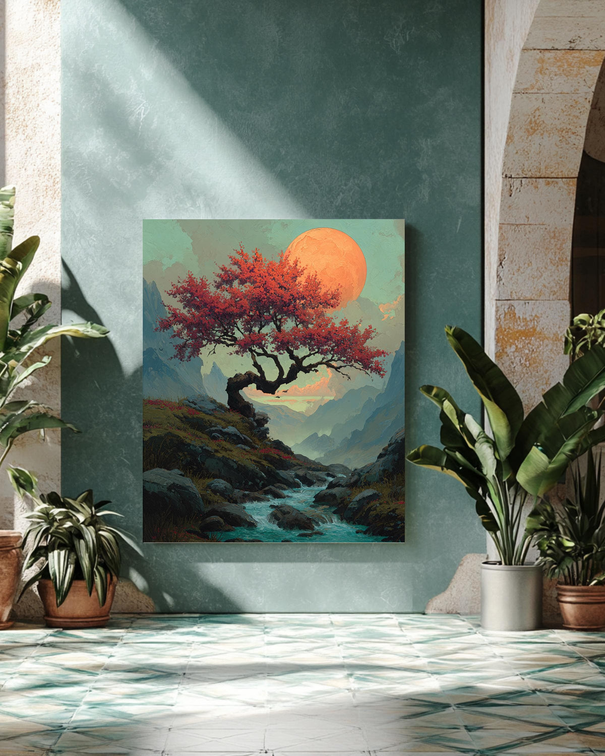 Fantasy Cherry Tree Mountain Painting, Water Flowing Beneath Large Tree with Orange Moon, David Uhl Inspired Artwork
