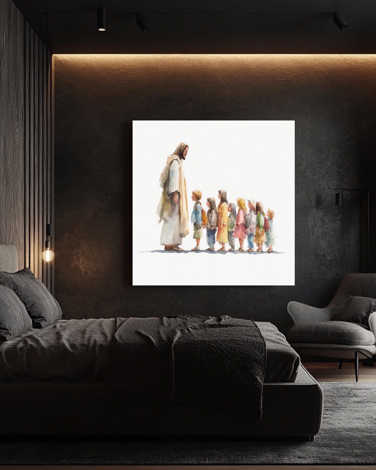 Watercolor Painting of Jesus with Children in Line, Minimalist Religious Wall Art with Muted Colors & Simple White Background, Poster Canvas
