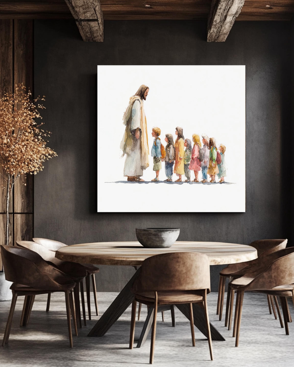 Watercolor Painting of Jesus with Children in Line, Minimalist Religious Wall Art with Muted Colors & Simple White Background, Poster Canvas