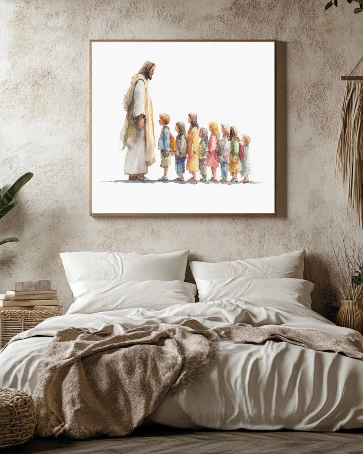 Watercolor Painting of Jesus with Children in Line, Minimalist Religious Wall Art with Muted Colors & Simple White Background, Poster Canvas
