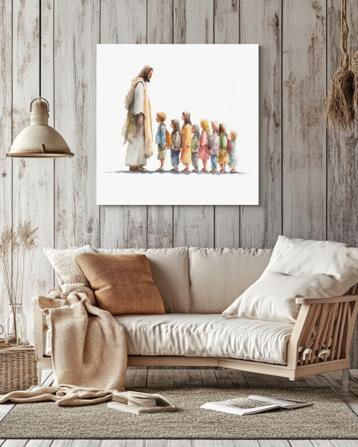 Watercolor Painting of Jesus with Children in Line, Minimalist Religious Wall Art with Muted Colors & Simple White Background, Poster Canvas