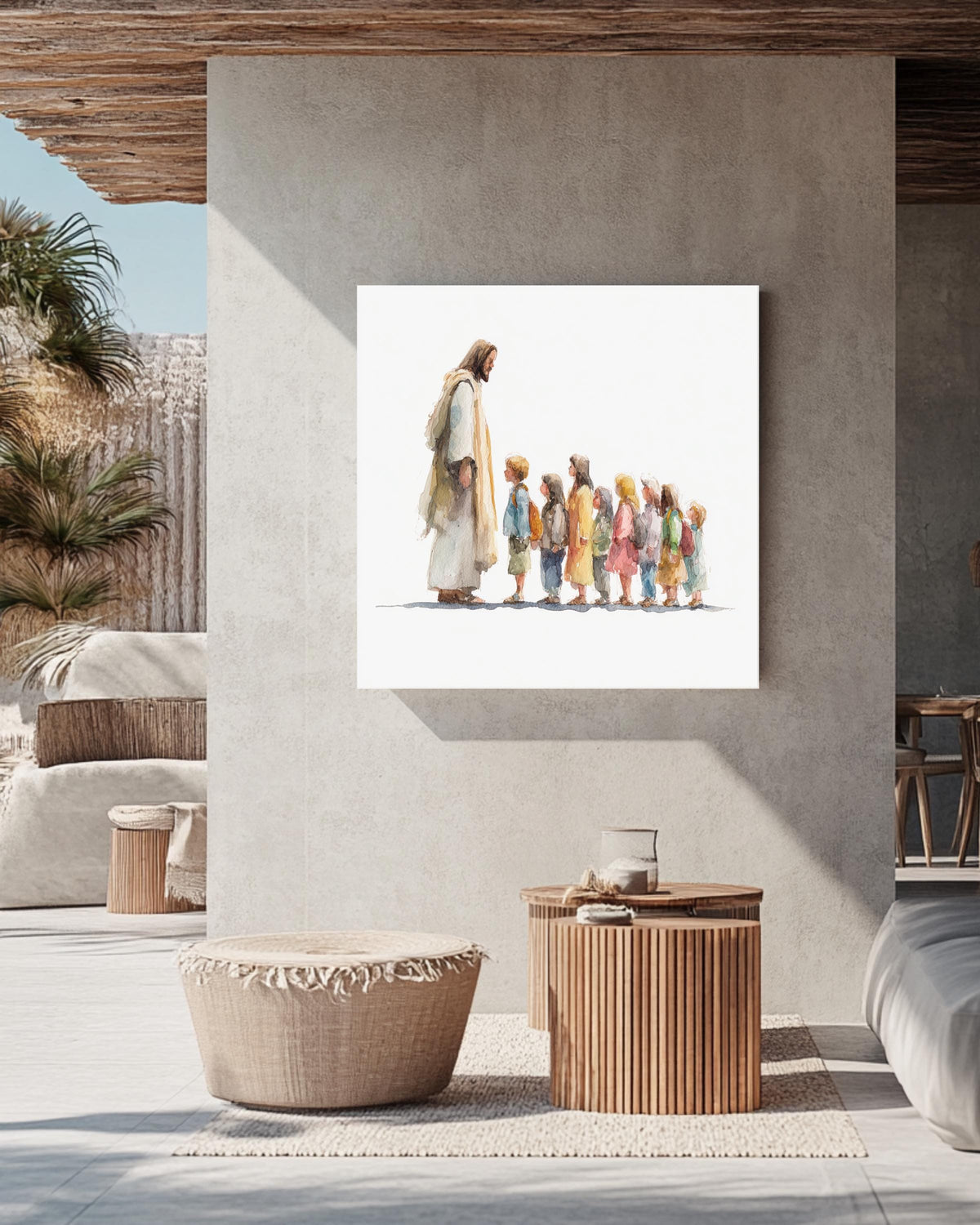 Watercolor Painting of Jesus with Children in Line, Minimalist Religious Wall Art with Muted Colors & Simple White Background, Poster Canvas