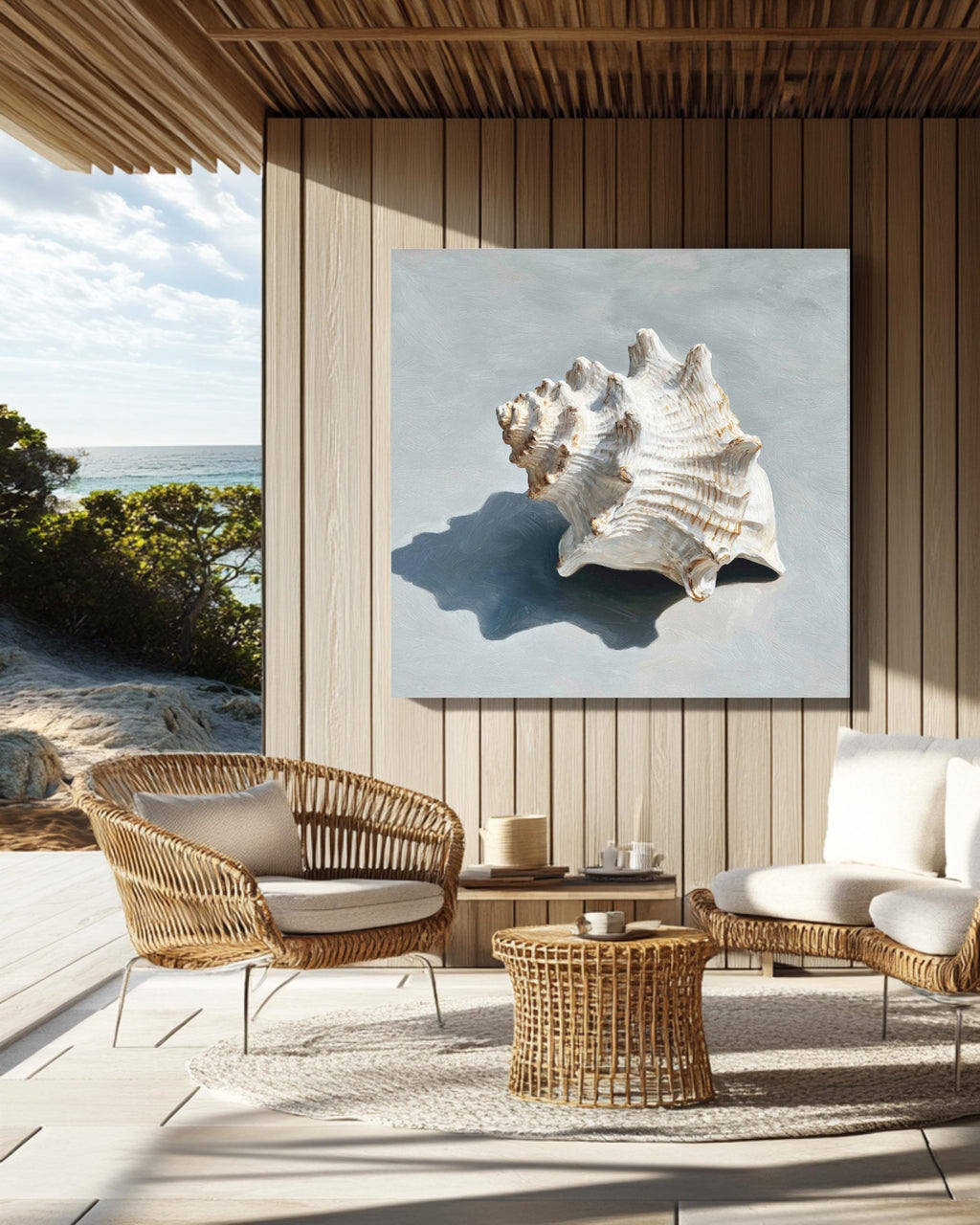 Oil Painting of a Single White Seashell on Soft Grey Background, Minimalist Coastal Wall Art, Modern Beach-Inspired Poster Canvas