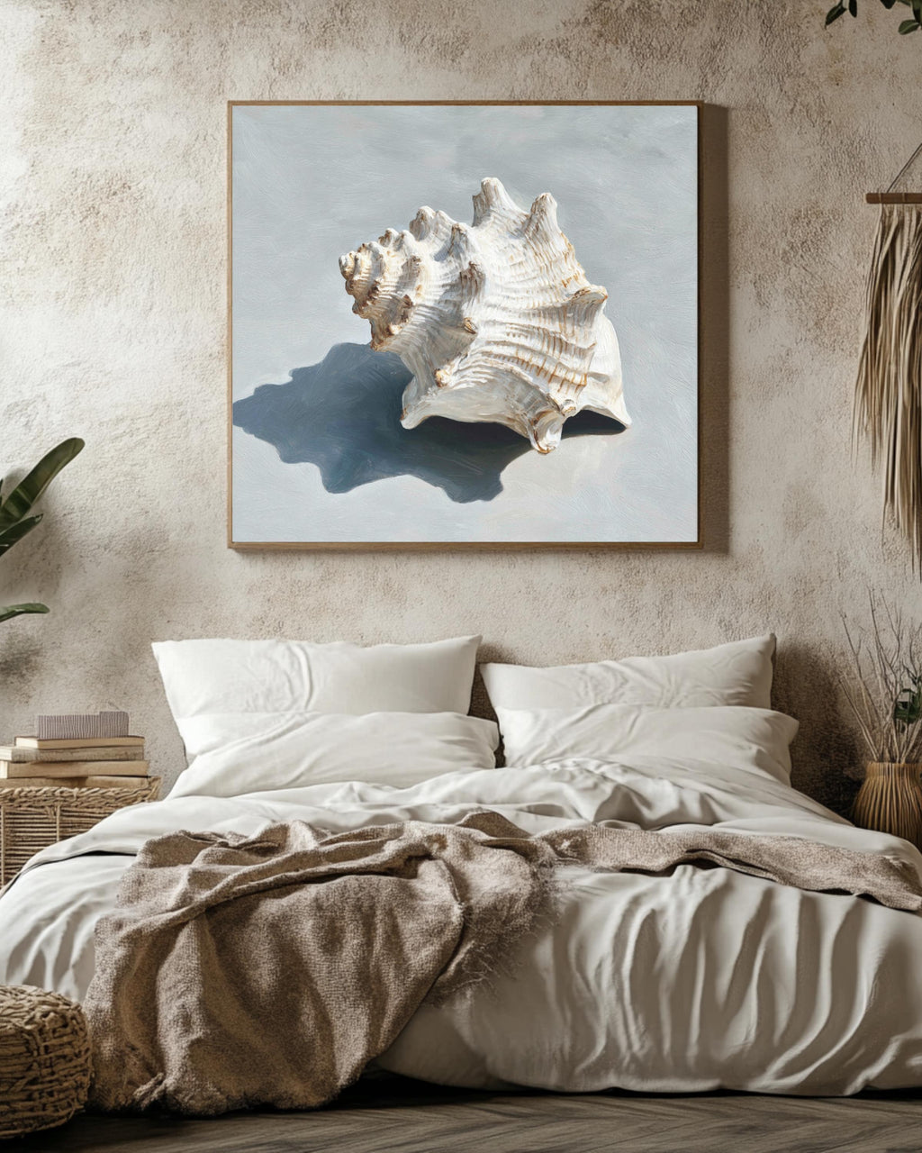 Oil Painting of a Single White Seashell on Soft Grey Background, Minimalist Coastal Wall Art, Modern Beach-Inspired Poster Canvas