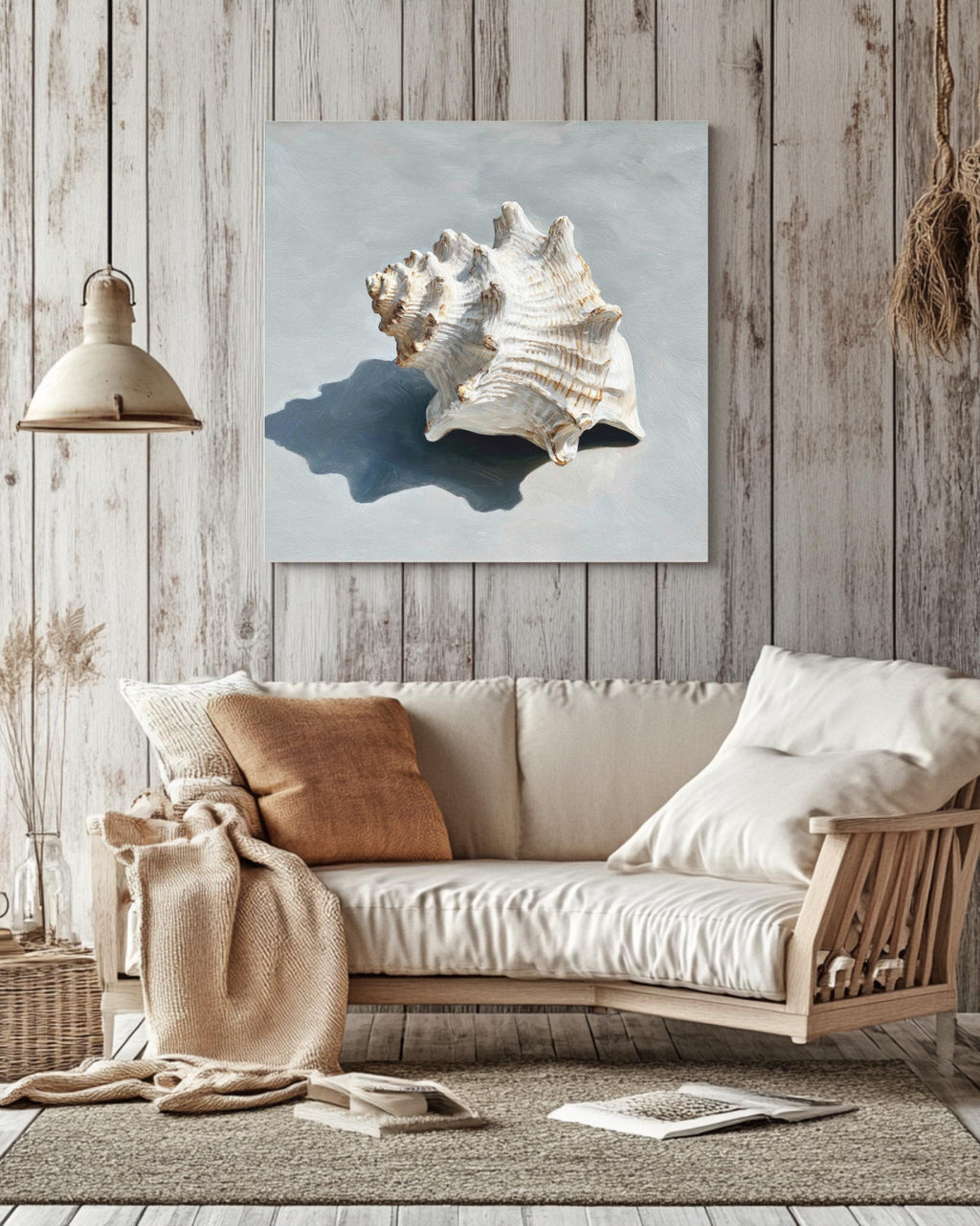 Oil Painting of a Single White Seashell on Soft Grey Background, Minimalist Coastal Wall Art, Modern Beach-Inspired Poster Canvas