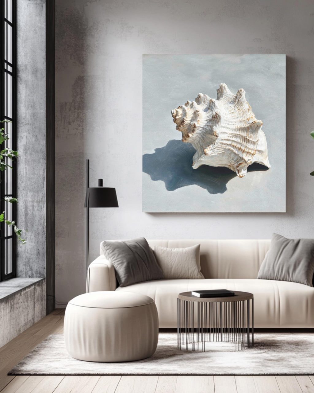 Oil Painting of a Single White Seashell on Soft Grey Background, Minimalist Coastal Wall Art, Modern Beach-Inspired Poster Canvas