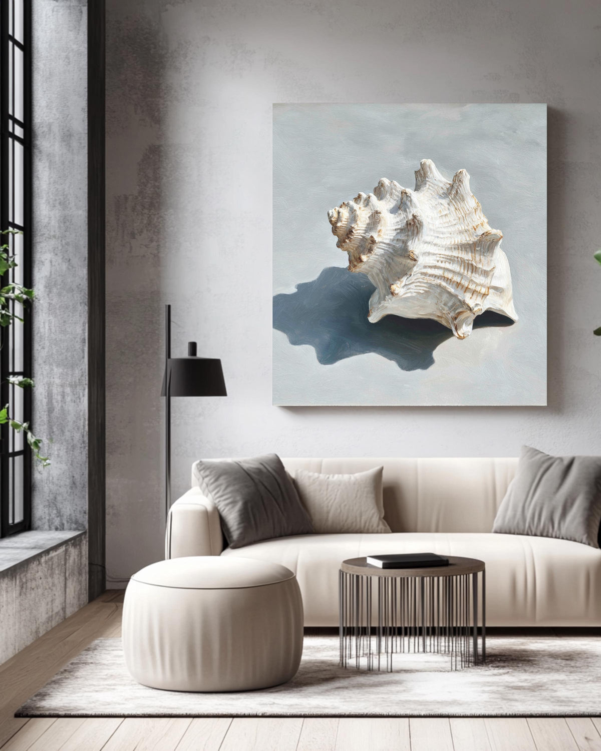 Oil Painting of a Single White Seashell on Soft Grey Background, Minimalist Coastal Wall Art, Modern Beach-Inspired Poster Canvas
