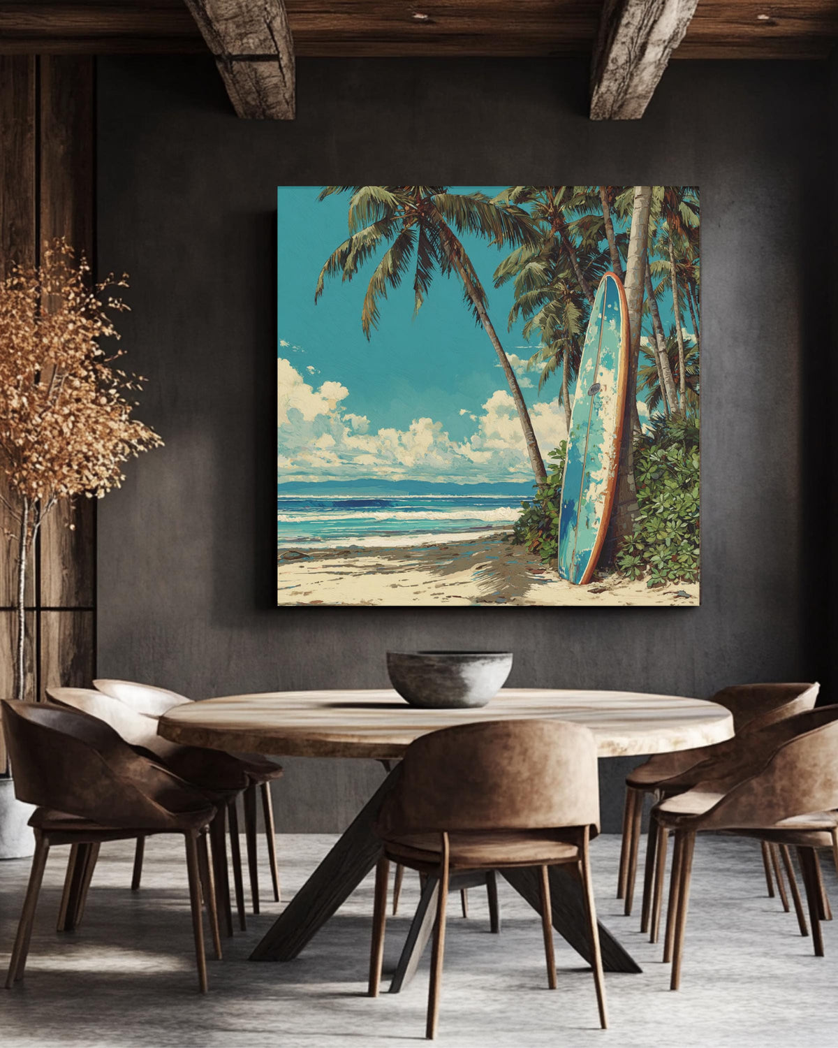 Colorful Oil Painting of Surfboard Leaning Against Palm Trees on the Beach, Detailed Coastal Wall Art, Tropical Summer Poster Canvas