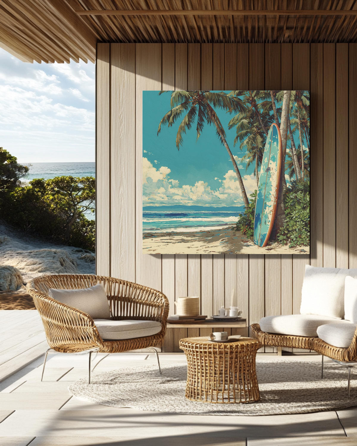 Colorful Oil Painting of Surfboard Leaning Against Palm Trees on the Beach, Detailed Coastal Wall Art, Tropical Summer Poster Canvas