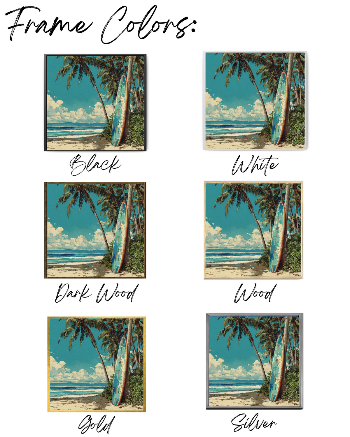 Colorful Oil Painting of Surfboard Leaning Against Palm Trees on the Beach, Detailed Coastal Wall Art, Tropical Summer Poster Canvas