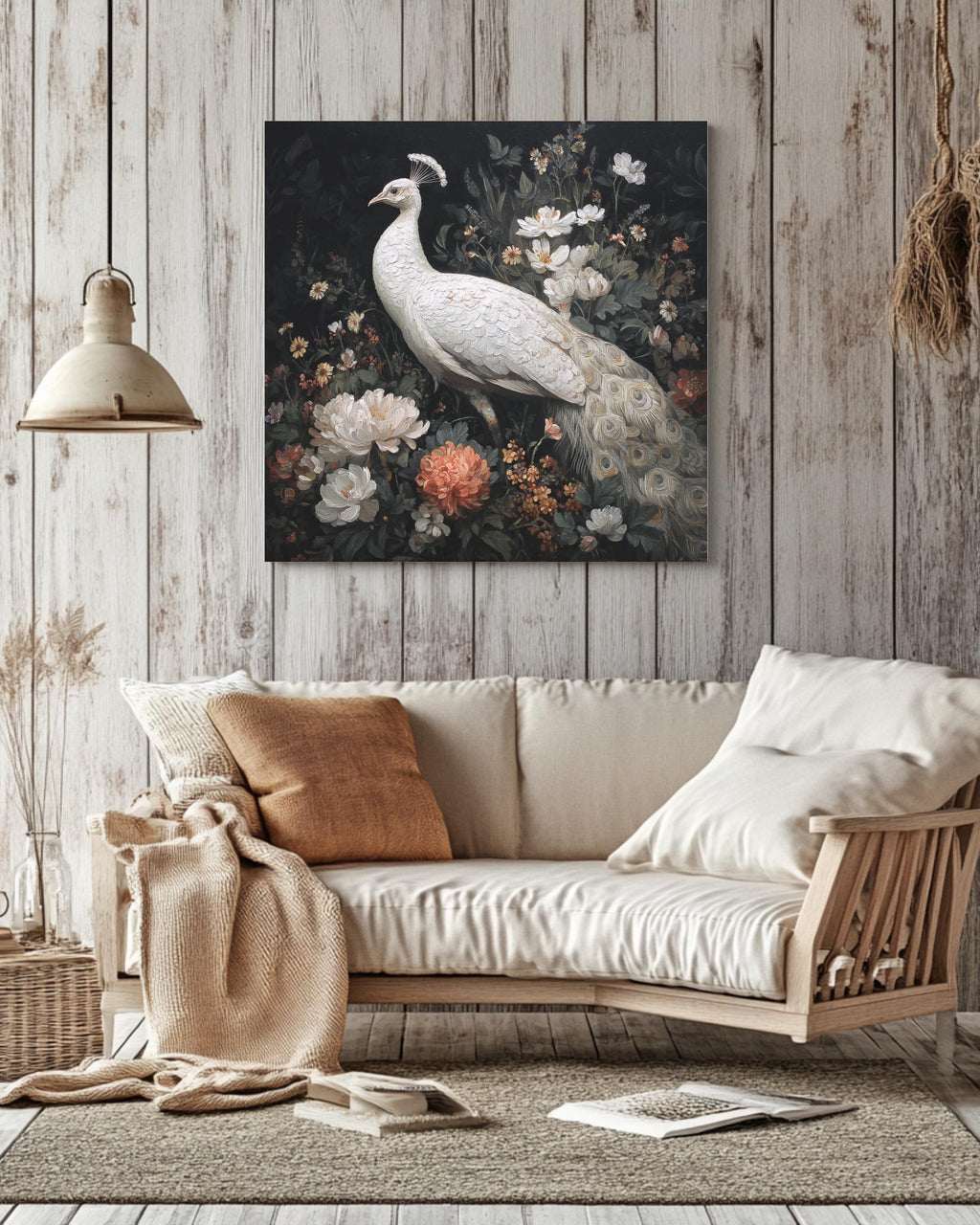 Elegant White Peacock Oil Painting with Flowers, Full-Body Portrait, Whimsical Victorian-Inspired Dark Academia Wall Art Poster Canvas