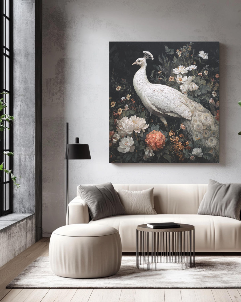 Elegant White Peacock Oil Painting with Flowers, Full-Body Portrait, Whimsical Victorian-Inspired Dark Academia Wall Art Poster Canvas