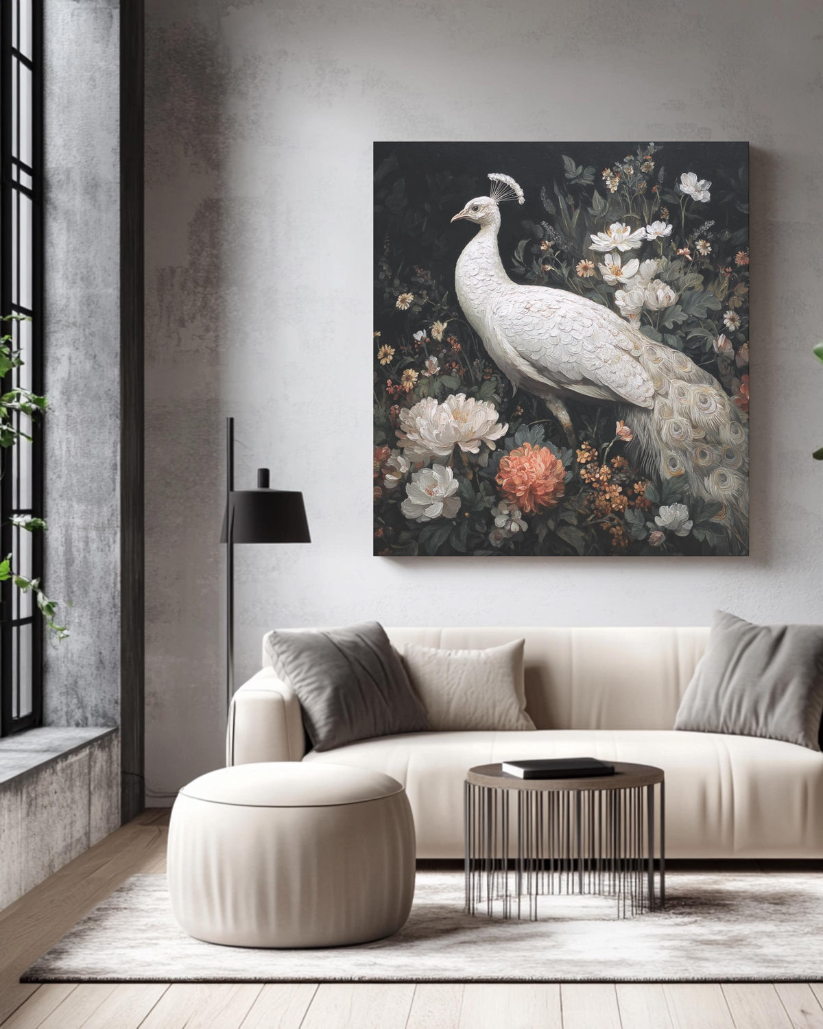 Elegant White Peacock Oil Painting with Flowers, Full-Body Portrait, Whimsical Victorian-Inspired Dark Academia Wall Art Poster Canvas