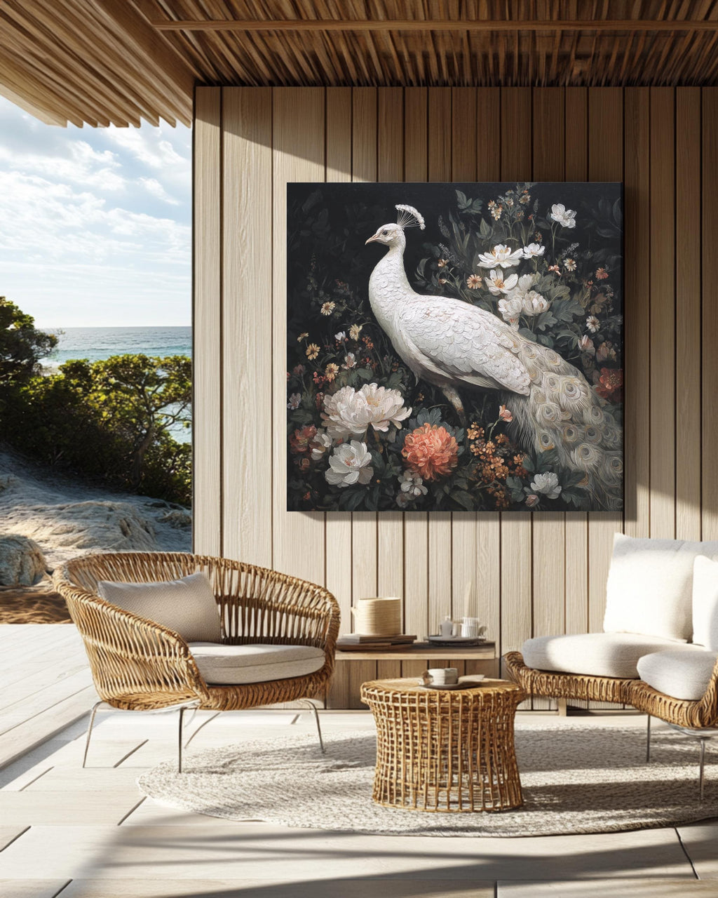 Elegant White Peacock Oil Painting with Flowers, Full-Body Portrait, Whimsical Victorian-Inspired Dark Academia Wall Art Poster Canvas