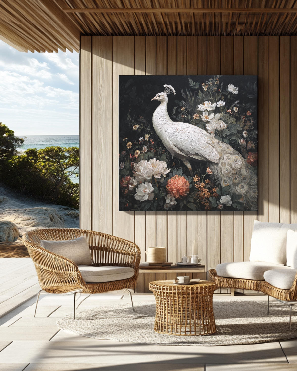 Elegant White Peacock Oil Painting with Flowers, Full-Body Portrait, Whimsical Victorian-Inspired Dark Academia Wall Art Poster Canvas