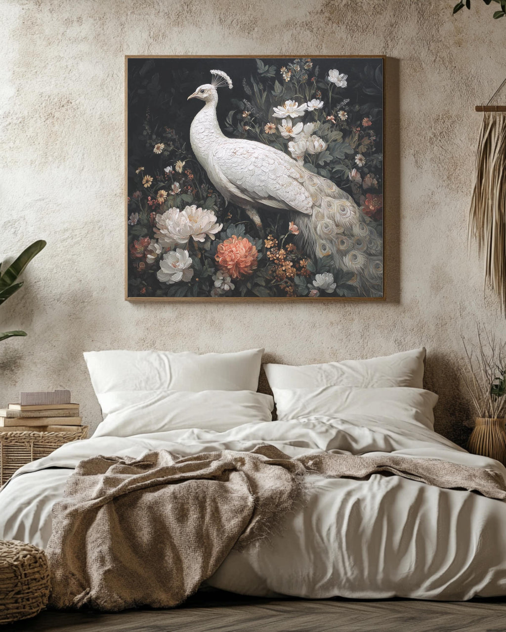 Elegant White Peacock Oil Painting with Flowers, Full-Body Portrait, Whimsical Victorian-Inspired Dark Academia Wall Art Poster Canvas