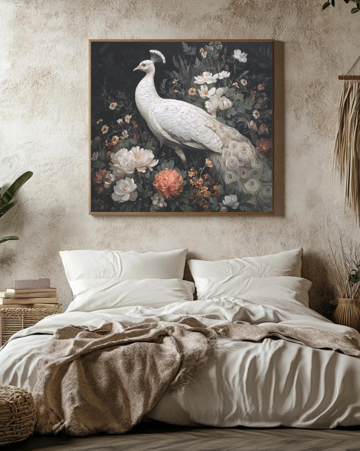 Elegant White Peacock Oil Painting with Flowers, Full-Body Portrait, Whimsical Victorian-Inspired Dark Academia Wall Art Poster Canvas
