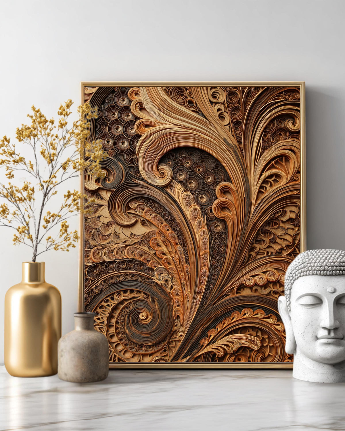 Intricate Arabesque Layered Paper Cut Art Print, Multi-Layer Laser-Cut Wood Design, Islamic Geometric Wall Decor Poster Canvas
