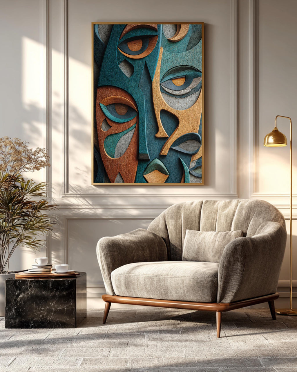 Abstract Faces Wall Art Print Featuring Unique Colorful Expressions, Elegantly Composed on Building Wall, Modern Contemporary Poster Canvas