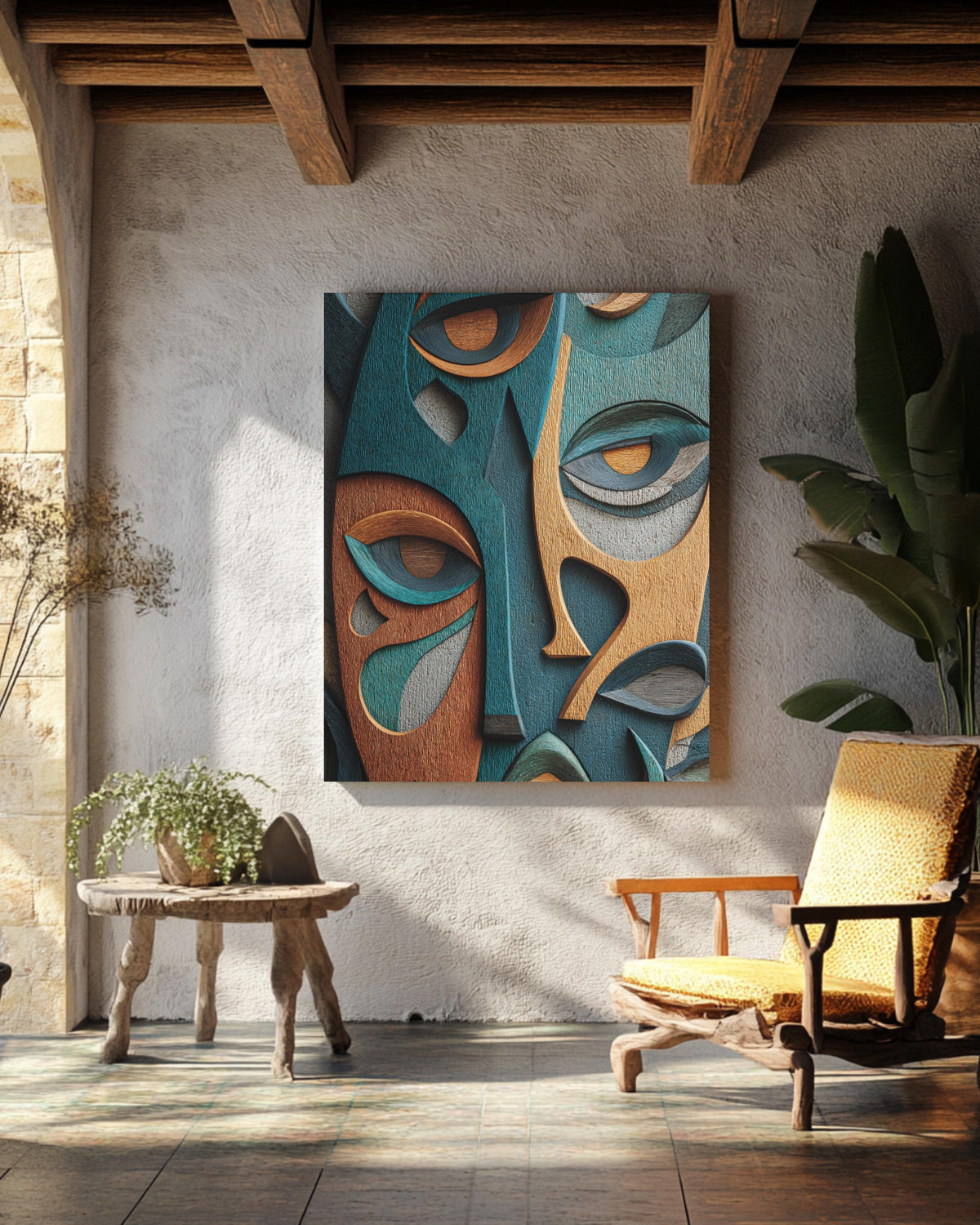Abstract Faces Wall Art Print Featuring Unique Colorful Expressions, Elegantly Composed on Building Wall, Modern Contemporary Poster Canvas