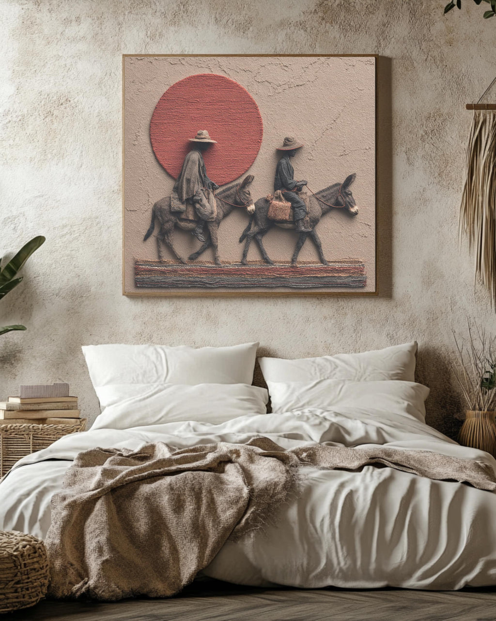 African Men on Donkeys Realism Art Print, Red Sun Desert Scene Poster, Dark Grey and Gold Textured Fabric Style Canvas