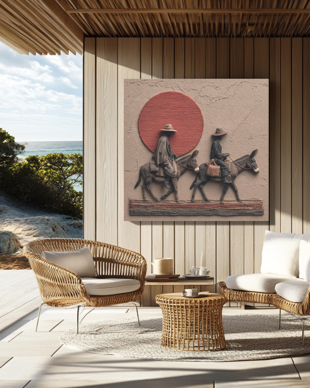 African Men on Donkeys Realism Art Print, Red Sun Desert Scene Poster, Dark Grey and Gold Textured Fabric Style Canvas