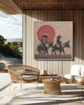 African Men on Donkeys Realism Art Print, Red Sun Desert Scene Poster, Dark Grey and Gold Textured Fabric Style Canvas
