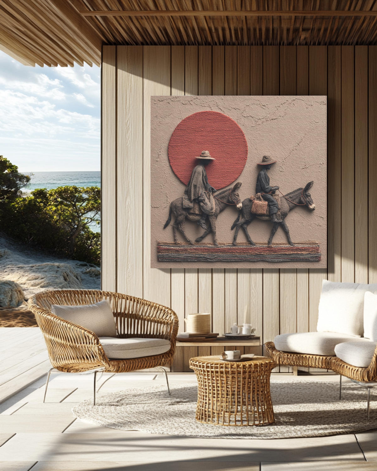 African Men on Donkeys Realism Art Print, Red Sun Desert Scene Poster, Dark Grey and Gold Textured Fabric Style Canvas