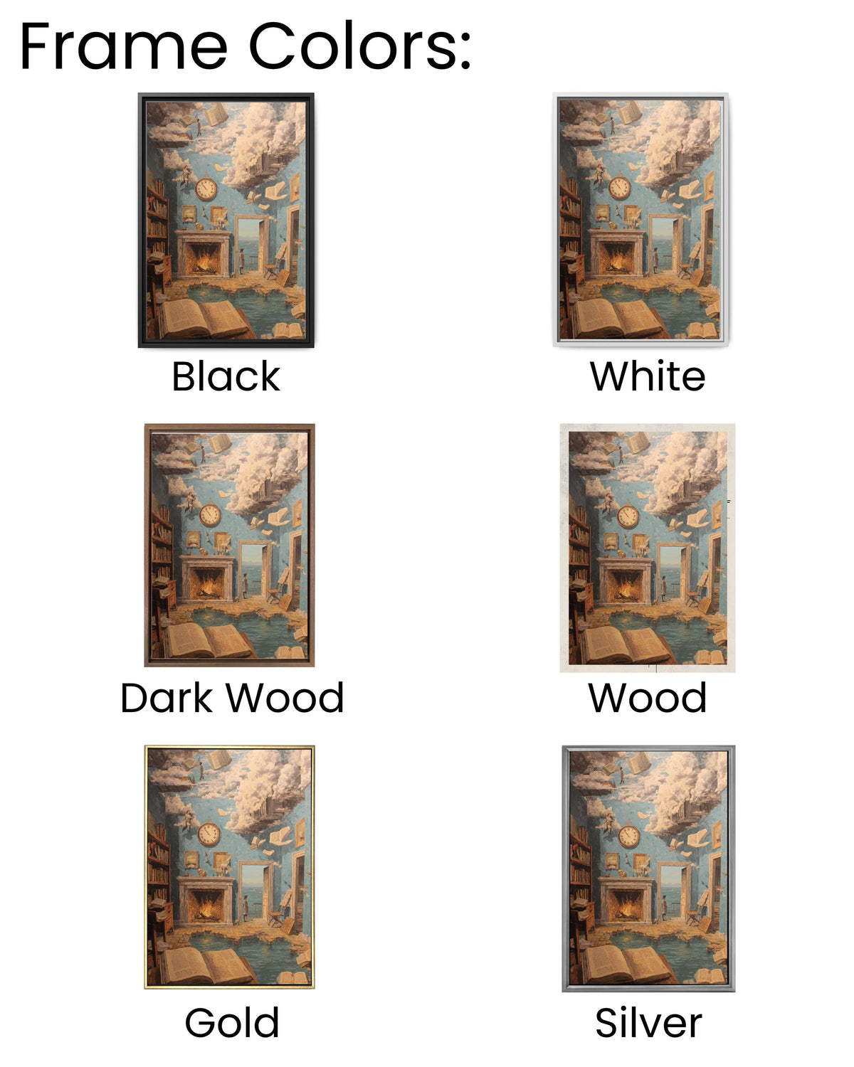 Surreal Apartment Interior Wall Art Featuring Melting Clocks, Floating Books, René Magritte Inspired Surrealist Poster Canvas