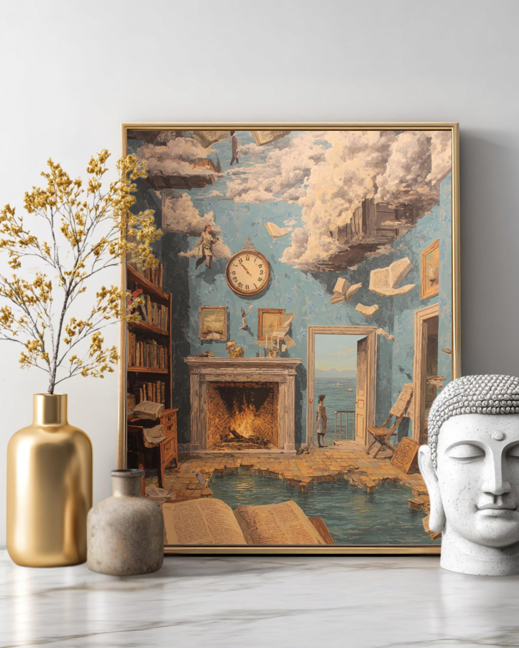 Surreal Apartment Interior Wall Art Featuring Melting Clocks, Floating Books, René Magritte Inspired Surrealist Poster Canvas