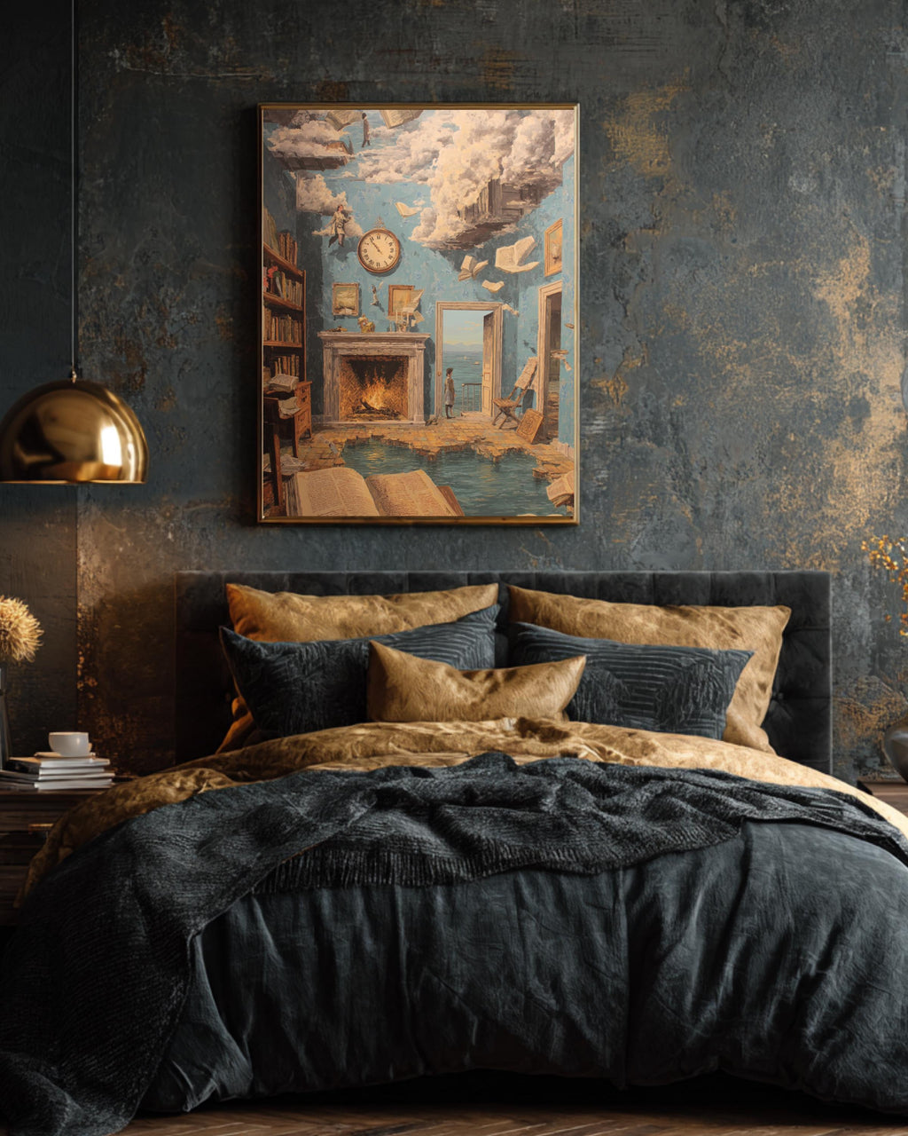 Surreal Apartment Interior Wall Art Featuring Melting Clocks, Floating Books, René Magritte Inspired Surrealist Poster Canvas