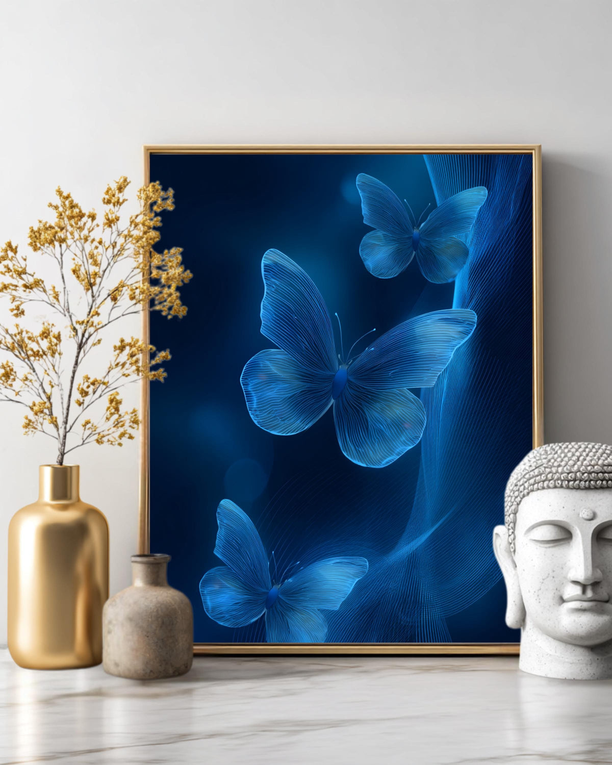 3D Blue Butterflies on Abstract Glowing Background With Light Waves, Simple Flat Vector Art, High-Resolution Poster Canvas