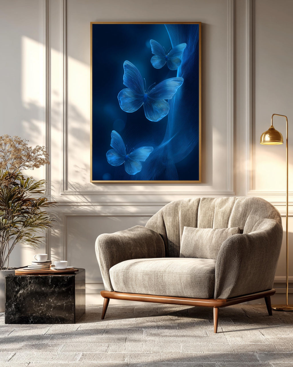 3D Blue Butterflies on Abstract Glowing Background With Light Waves, Simple Flat Vector Art, High-Resolution Poster Canvas