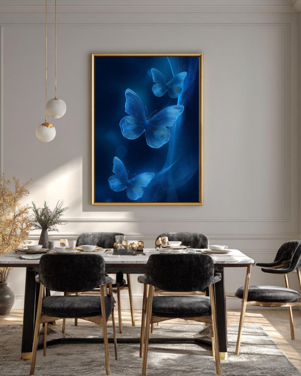 3D Blue Butterflies on Abstract Glowing Background With Light Waves, Simple Flat Vector Art, High-Resolution Poster Canvas
