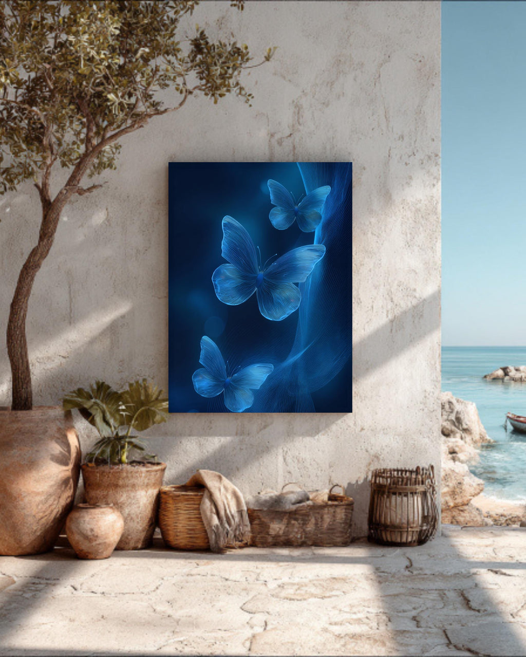 3D Blue Butterflies on Abstract Glowing Background With Light Waves, Simple Flat Vector Art, High-Resolution Poster Canvas