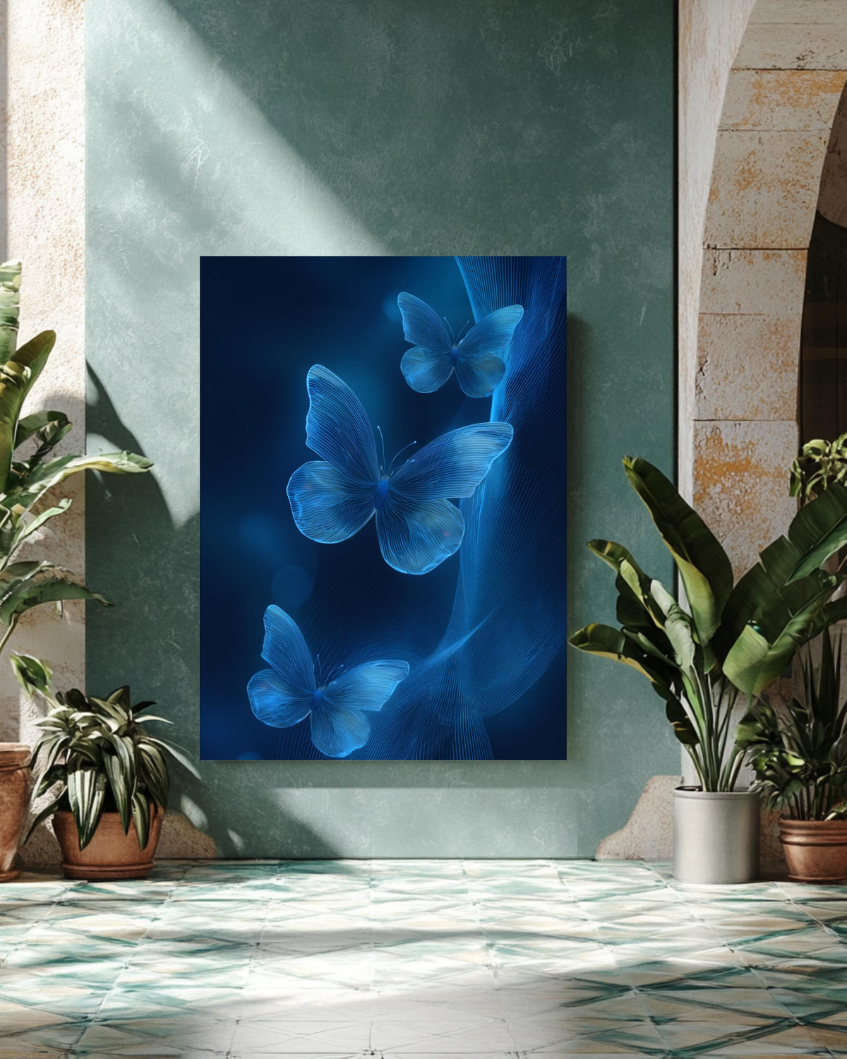 3D Blue Butterflies on Abstract Glowing Background With Light Waves, Simple Flat Vector Art, High-Resolution Poster Canvas