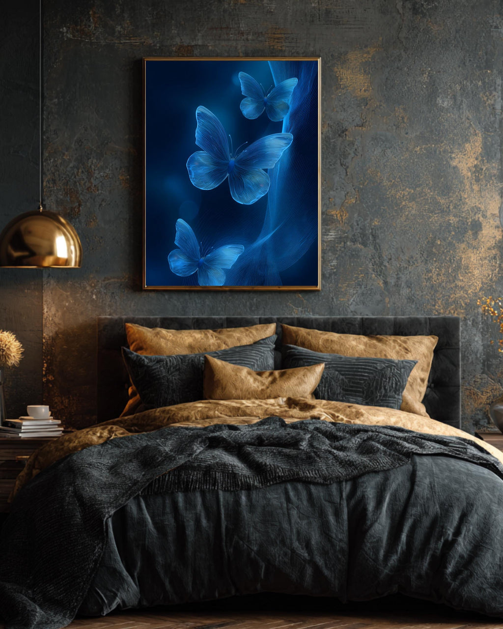 3D Blue Butterflies on Abstract Glowing Background With Light Waves, Simple Flat Vector Art, High-Resolution Poster Canvas