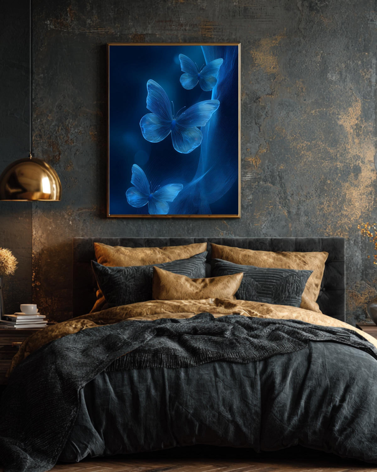 3D Blue Butterflies on Abstract Glowing Background With Light Waves, Simple Flat Vector Art, High-Resolution Poster Canvas