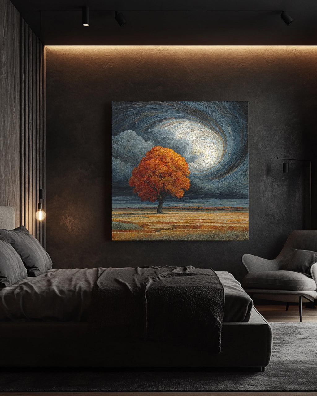 Autumn Tree in Field under Dark Cloudy Sky Art Print, Spiral Sky Oil Painting Poster, Edgar Maxence & Emil Melmoth Inspired Canvas
