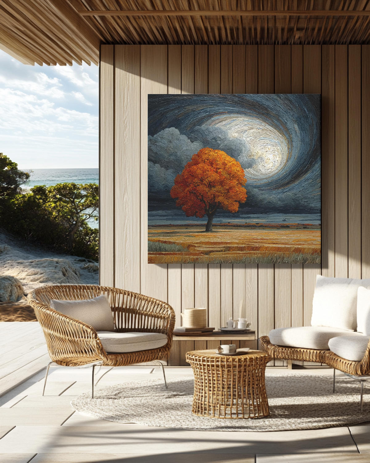 Autumn Tree in Field under Dark Cloudy Sky Art Print, Spiral Sky Oil Painting Poster, Edgar Maxence & Emil Melmoth Inspired Canvas