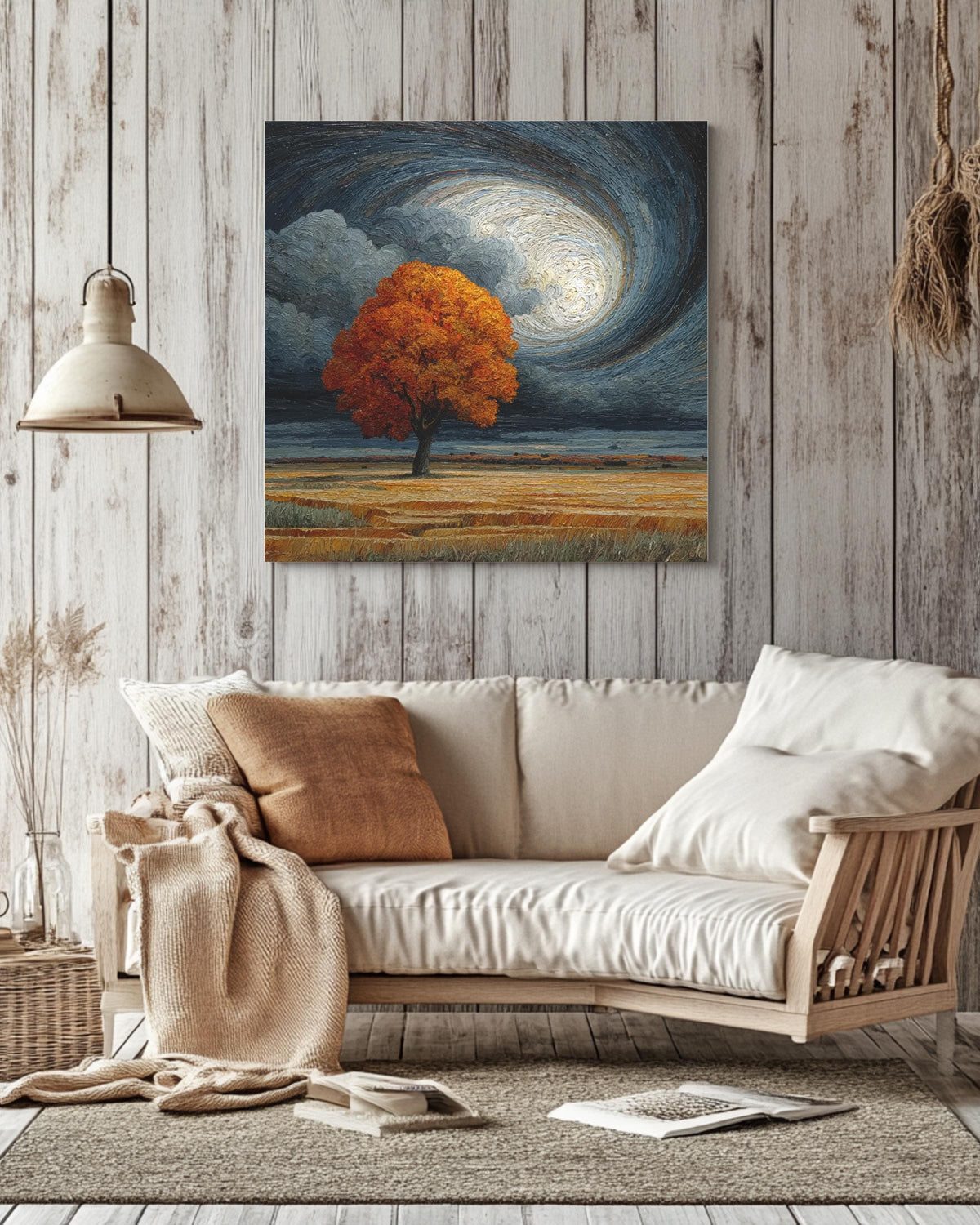 Autumn Tree in Field under Dark Cloudy Sky Art Print, Spiral Sky Oil Painting Poster, Edgar Maxence & Emil Melmoth Inspired Canvas