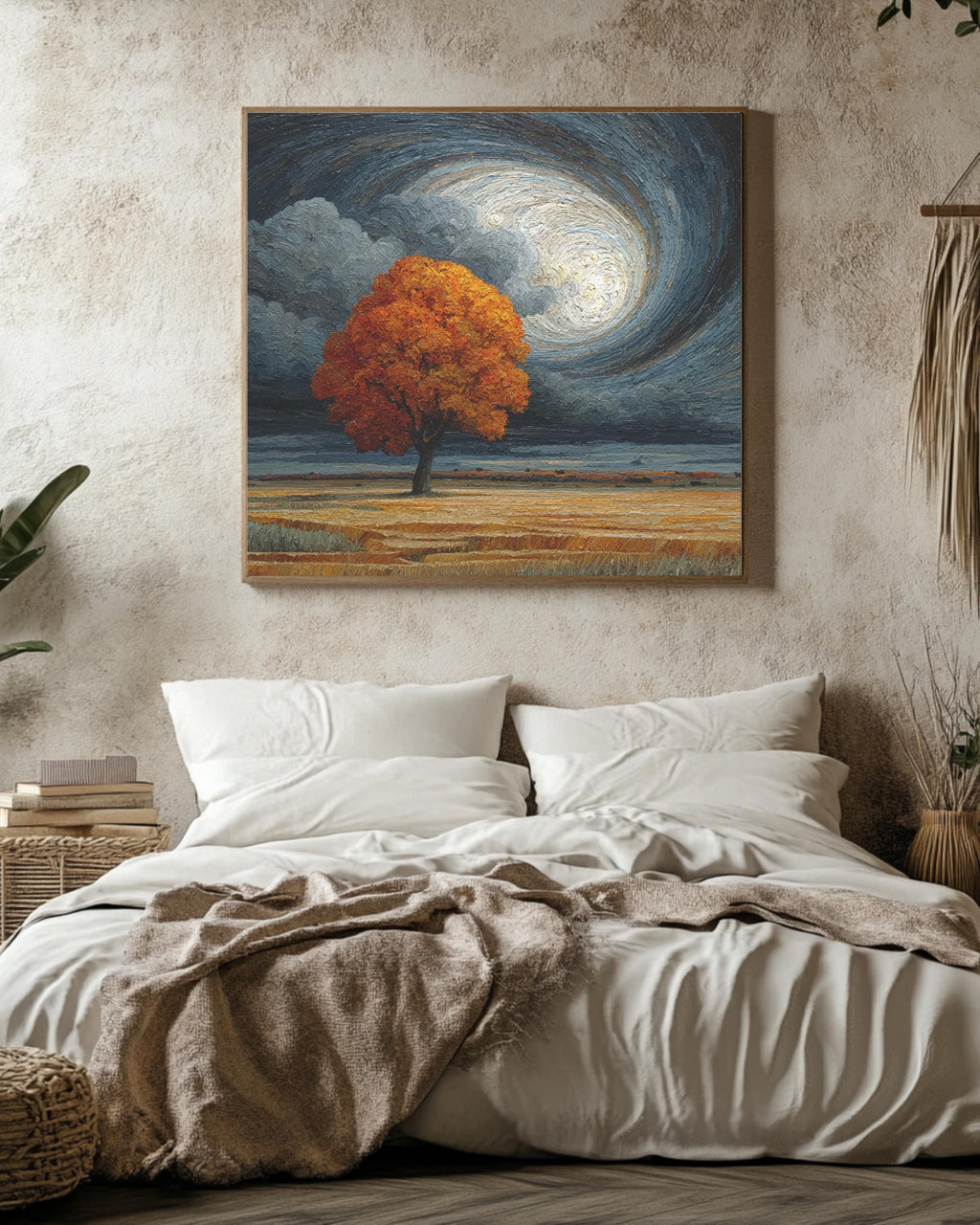 Autumn Tree in Field under Dark Cloudy Sky Art Print, Spiral Sky Oil Painting Poster, Edgar Maxence & Emil Melmoth Inspired Canvas