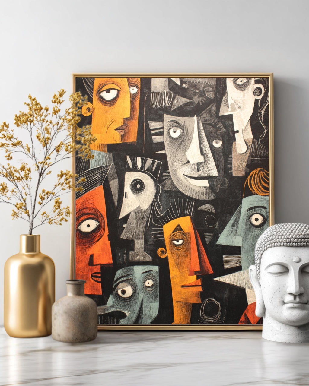 Cubist Wall Art Inspired by Picassos Guernica, Featuring Black Background, Dramatic Modernist Poster Canvas
