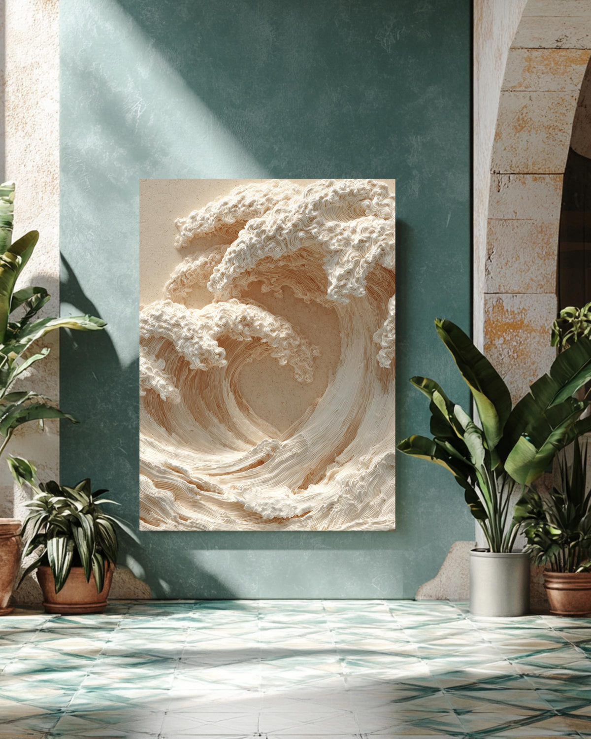 3D Carved Wall Art Featuring Two Waves Crashing With Beige and White Color Scheme, Soft Lighting, Close-Up Ocean-Inspired Poster Canvas